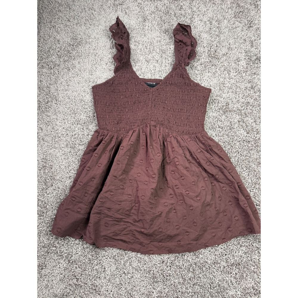 Torrid Brown Swiss Dot Smocked Babydoll Top Ruffle Eyelet Straps Size 00 M/L